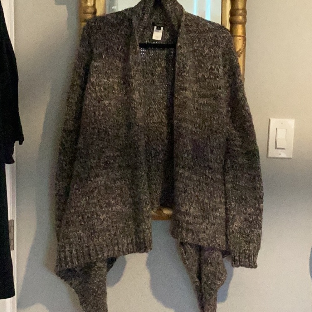 Talbots heavy knit gray, white, cream,black open front cardigan L shawl collar